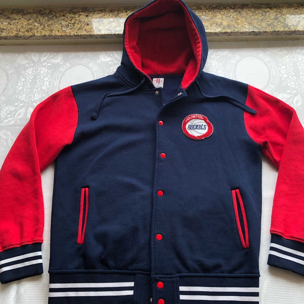 Houston Rockets NBA Y2K Throwback Bomber Jacket Hoodie Navy Blue/Red Men Size L
